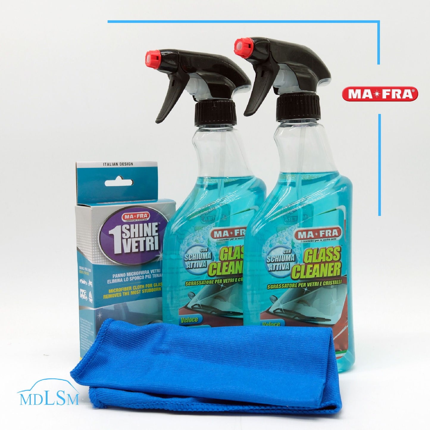 MAFRA KIT LAVAGGIO VETRI - GLASS CLEANER X2 + 1SHINE VETRI PANNO IN MICROFIBRA