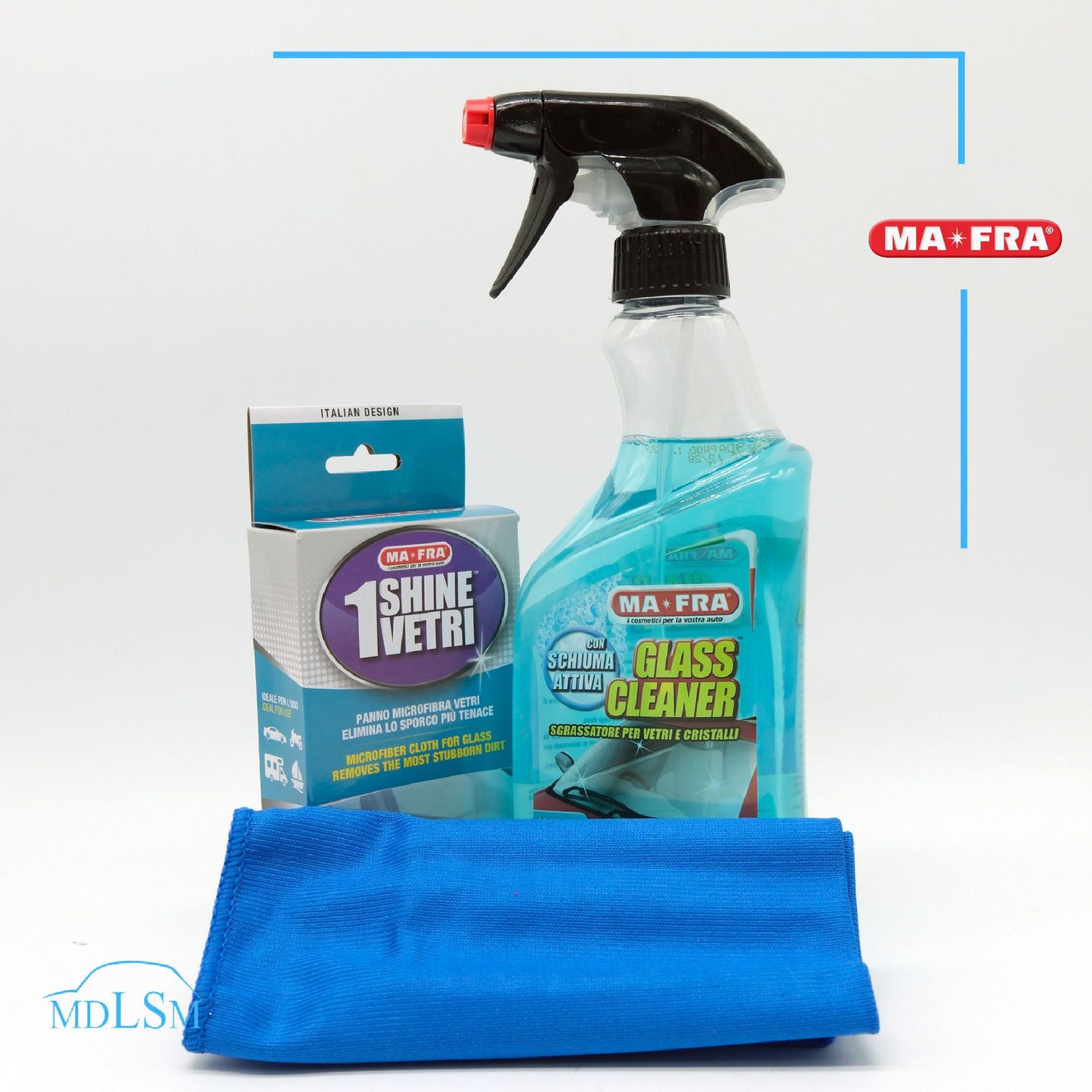 MAFRA KIT LAVAGGIO VETRI - GLASS CLEANER + 1SHINE VETRI PANNO IN MICROFIBRA