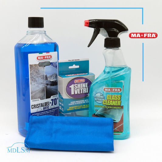 MA-FRA KIT COMPLETO PER LA PULIZIA VETRI AUTO - GLASS CLEANER + 1SHINE + CRISTAL ARTIC